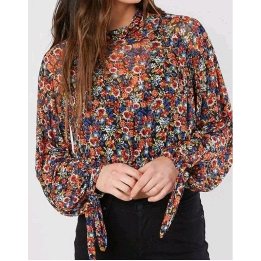 Free People Black Floral All Dolled Up Top Sheer Mesh Stretch Boho Open Back XS